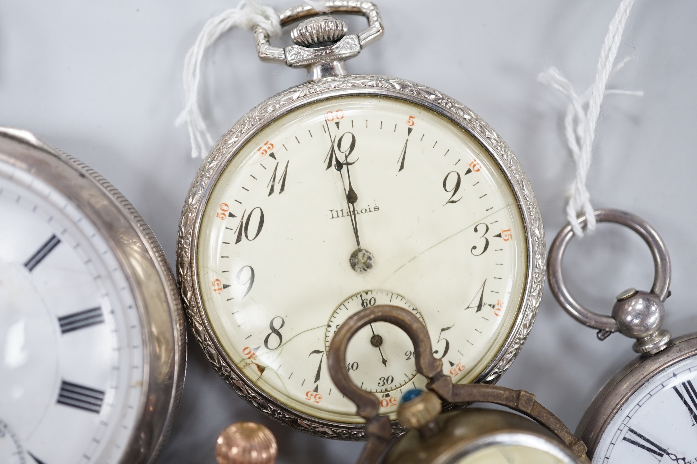 Thirteen assorted pocket and fob watches including silver Exchange and silver J.W. Benson.